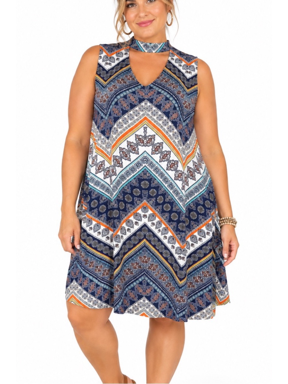 Luxology multicolored sleeveless dress, featuring chevron and geometric pattern